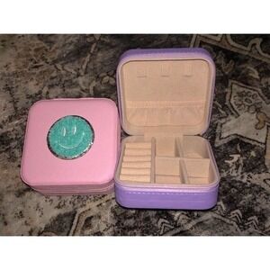 Pink Smiley Face Travel Jewelry Organizer Box Storage Case Women Girls nwot